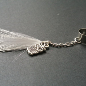 White Feather Ear Cuff w/ Silver Owl Charm  - Earcuffs - Earring