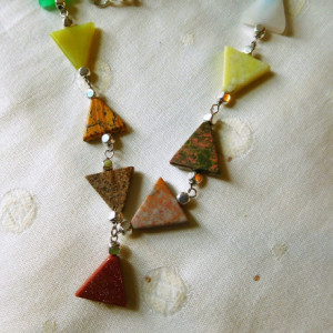 Nylon Silk cord light brown 26" long necklace with triangles colorful natural stones. #N00132