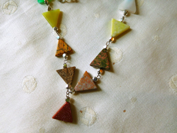 Nylon Silk cord light brown 26" long necklace with triangles colorful natural stones. #N00132