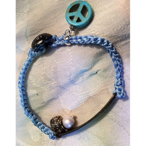 Bracelet baby blue silk hand Crochet cord with "where is a will there is a way" charm connector and decorative button.  #B00224