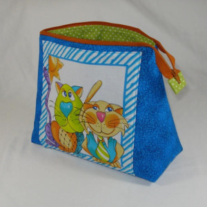 Loralie Designs Blue "Happy Cat"  Cosmetic Bag, Bridesmaid Gift, Holiday Gift, Gift, Toiletry Bag, Pencil Case, Travel Bag