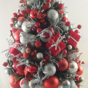 Tabletop Red and Silver Lighted Decorated Mini Christmas Tree 18 inch