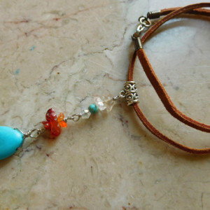 Brown suede leather Choker Necklace with Turquoise stones, charosky crystal beads,  #N00110