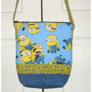 TOTE BAG in Blue and Yellow Minion Themed Fabric with Up-cycled Jean Accents