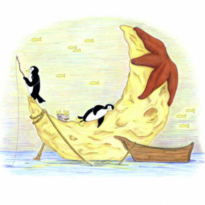 Whimsical Penguin Art; Fine Art Print, Moon and Sea, Fishing Animals, Fantasy Ocean Decor, Magic Night Sky, Starfish Illustration