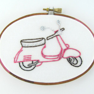 Pink Scooter Embroidery Hoop-Pink Scooter-Scooter-Pink Vespa-Vespa--Scooter Embroidery-Vespa Embroidery-Scooter Hoop-Vespa Hoop-Cute Scooter