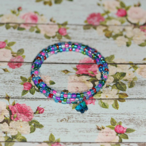 Turquoise & Berry Seed Bead Memory Wire Bracelet