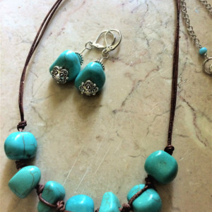 Leather necklace set with turquoise nuggets beads & earrings #NES00126 