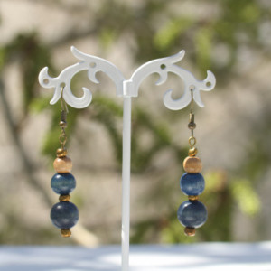 Painted Wood Earrings, Dark Blue, Beige Beads, Antique Brass