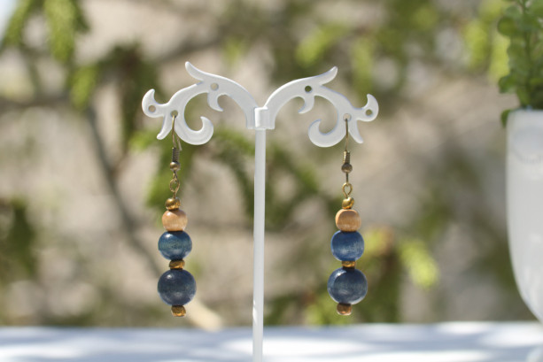 Painted Wood Earrings, Dark Blue, Beige Beads, Antique Brass