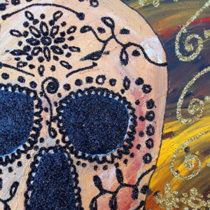 Gold Day of the Dead Skull 22x30 Framed Mix Media Painting Glitter ORIGINAL One of a kind