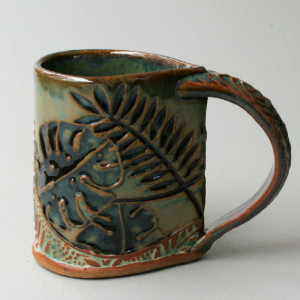 Tropical Foliage Pottery Mug Selloum Philodendron Coffee Cup Handmade Functional Tableware Microwave and Dishwasher Safe 12oz