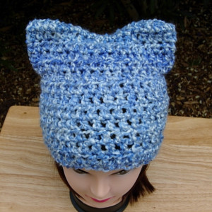 Blue and White PussyHat, Pussy Cat Hat with Ears, Extra Soft Acrylic Handmade Crochet Knit Winter Women's Protest Beanie, Resist, Ready to Ship in 3 Days 