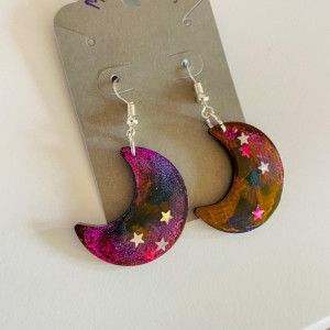 Hand crafted in US Crescent Moon Multi Color Resin Earrings