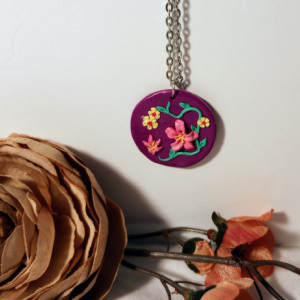 Polymer Clay Purple Violet Floral Circular Necklace