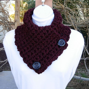 NECK WARMER SCARF Dark Burgundy Wine Red, Chunky Wool Blend, Black Buttons, Soft Thick Winter Crochet Knit Cowl..Ready to Ship in 5 Days