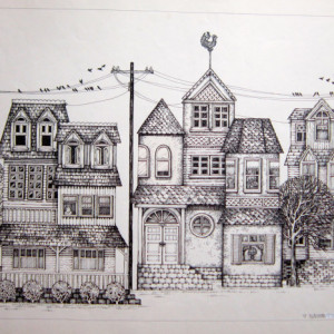  Pen & Ink Drawing of a Mid-Century Neighborhood