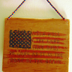 Patriotic handmade wooden decoration/sign with beaded hanger