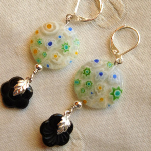 Bohemian earrings with multicolor Millefiori Coin Glass Beads, and black flower glass bead with a leaf connector .#E00289
