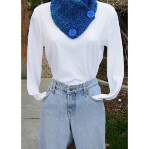 Royal Blue NECK WARMER Scarf, Women's Buttoned Cowl, Soft Acrylic Crochet Knit Winter, Two Large Vibrant Blue Buttons, Ships in 3 Biz Days