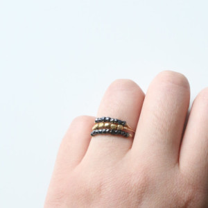 Mystic Black Bead Ring - Thin Gold Band - Black Beaded Ring - Gold Thumb Ring - Stacking Ring - Thin Filled Ring - Minimalist Handmade Ring