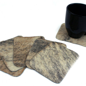 Six Cowhide Coasters - set of 6 gray brindle hair on hide leather coasters rectangle