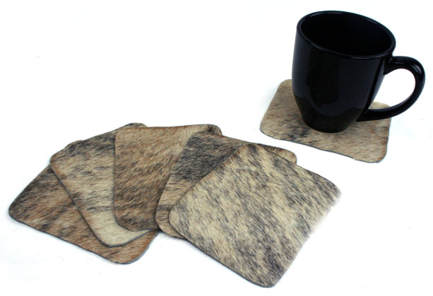 Six Cowhide Coasters - set of 6 gray brindle hair on hide leather coasters rectangle