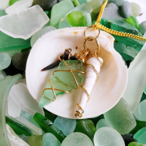 Sea glass, shell, and shark tooth charm necklace with gold wire, green sea glass, sea glass necklace, seashell necklace, charm necklace