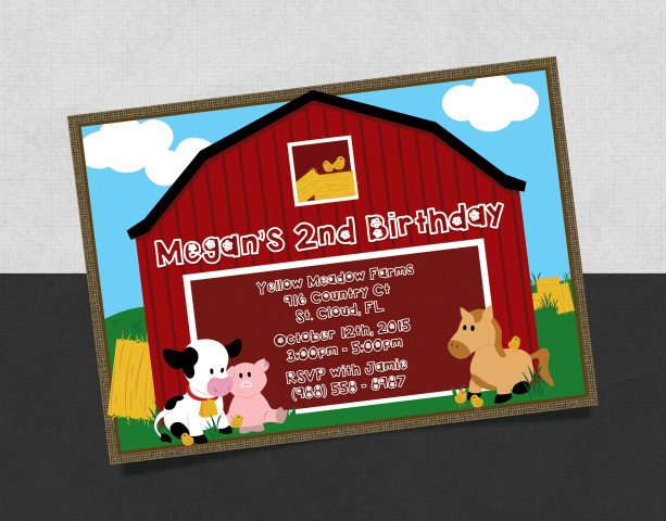 Printed Baby Farm Birthday Invitation with a baby Cow, Baby Pig, Baby Horse and baby chicks