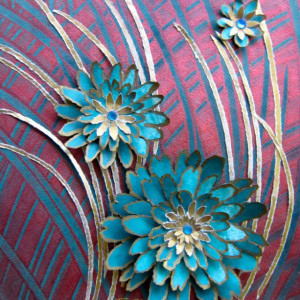 Torn Paper- Teal & Copper Straw Flowers  11 X 14