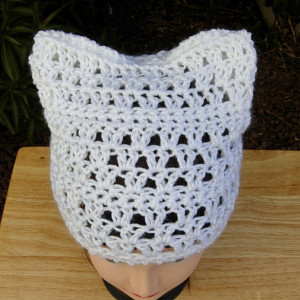 Women's Solid White Pussy Cat Hat with Ears, Summer Lacy PussyHat Lightweight Soft Acrylic Crochet Knit Thin Spring Beanie, Ready to Ship in 3 Days