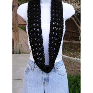 Women's Solid Black SUMMER SCARF Small Infinity Loop Soft Lightweight Crochet Knit Endless Circle Short Skinny Cowl, Ready to Ship in 3 days