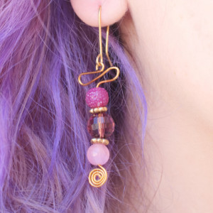 Gold Swirls, Pink Round Glass Bead Earrings,  Purple Faceted Glass Bead, Red Raspberry