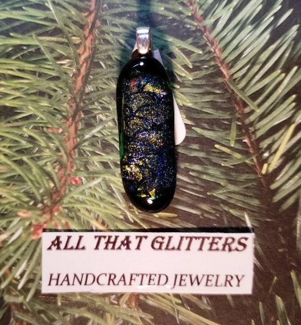Dichroic glass pendant. Sterling silver finding. Black, gold and green colors. Works with choker or chain. Great gift idea.