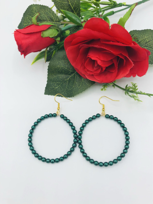Green Pearl Hoop Earrings 