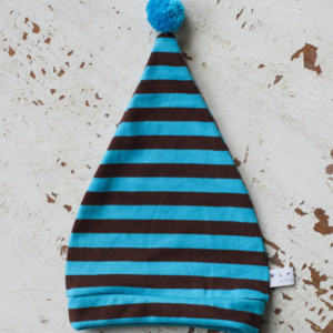 0-3 mo Elf - Hobbit - Gnome - Dwarf Hat with PomPom Tail. Newborn hat in turquoise and brown striped cotton fabric.