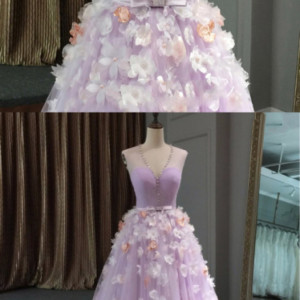Lavender tulle v neck long 3D flower lace long evening dress