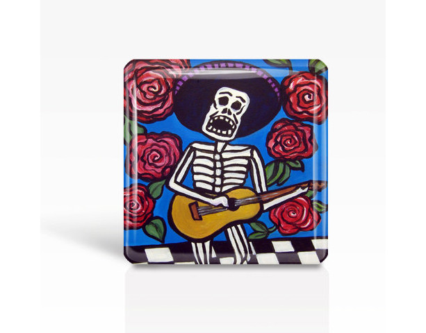Mexican Folk Art- Day of the Dead/Skeleton Musician - Glass MAGNET By Artist A.V.Apostle- 2"x 2"