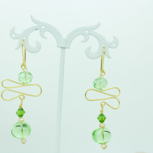 Gold Swirls, Swarovski Emerald, Peridot Gemcut and Green Ovals Glass Earrings