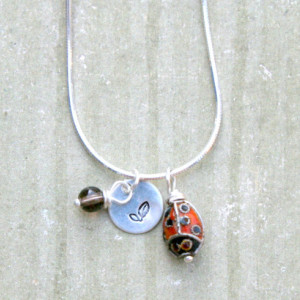 Good Luck Necklace - Sterling Silver with Cloisonne Ladybug and Smoky Quartz