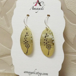 Gold earrings. Drop earrings. Hand stamped earrings. Dandelion jewelry. Flower earrings. bridal jewelry. Silver earrings.