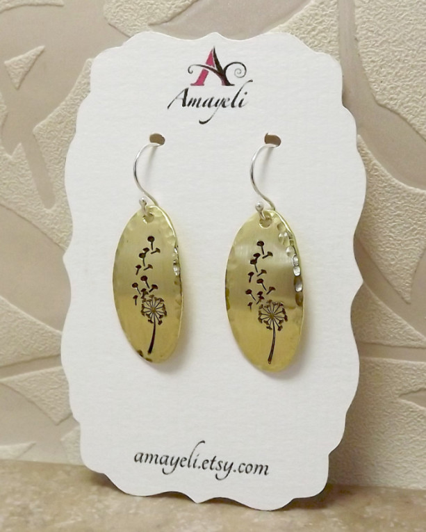 Gold earrings. Drop earrings. Hand stamped earrings. Dandelion jewelry. Flower earrings. bridal jewelry. Silver earrings.