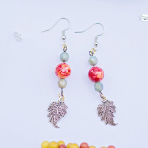 Fall seasonal earrings/Nickel free/ Green Czech faceted beads and fall style glass beads and silver leaf charm/Under 20 dollars