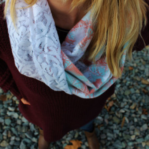 Summer Sky Light Blue, Tangerine Orange and White Sketched Feathers Infinity Scarf Twisted with White Paisley Lace Accent