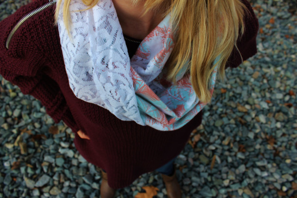 Summer Sky Light Blue, Tangerine Orange and White Sketched Feathers Infinity Scarf Twisted with White Paisley Lace Accent