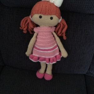 Hand crocheted Nicole Doll - Dress and undress doll.  Red Hair - Pink/Rose/White Dress