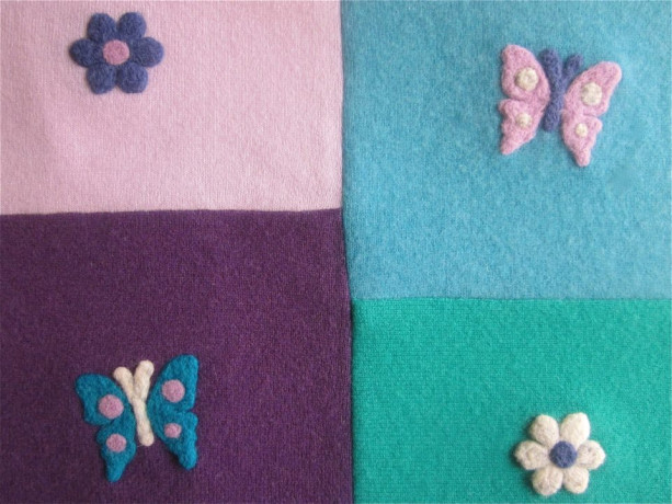 Cashmere Throw Blanket - Large: 40 x 48 - Made to Order - Patchwork Quilt - flowers, butterflies appliques Pink Purple Aqua Toddler/adult 