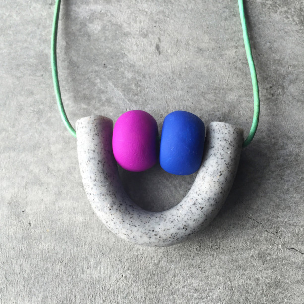 Handmade Polymer Clay Necklace | Abacus Necklace in Grey Granite, Violet and Cobalt Blue