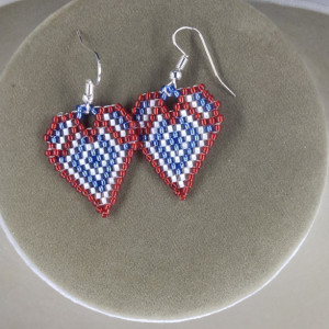 Heart Shaped Red White and Blue Beaded Earrings