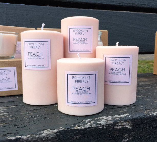 Peach Candles. FREE SHIPPING. Scented Soy. Set of 4 Round Pillars.